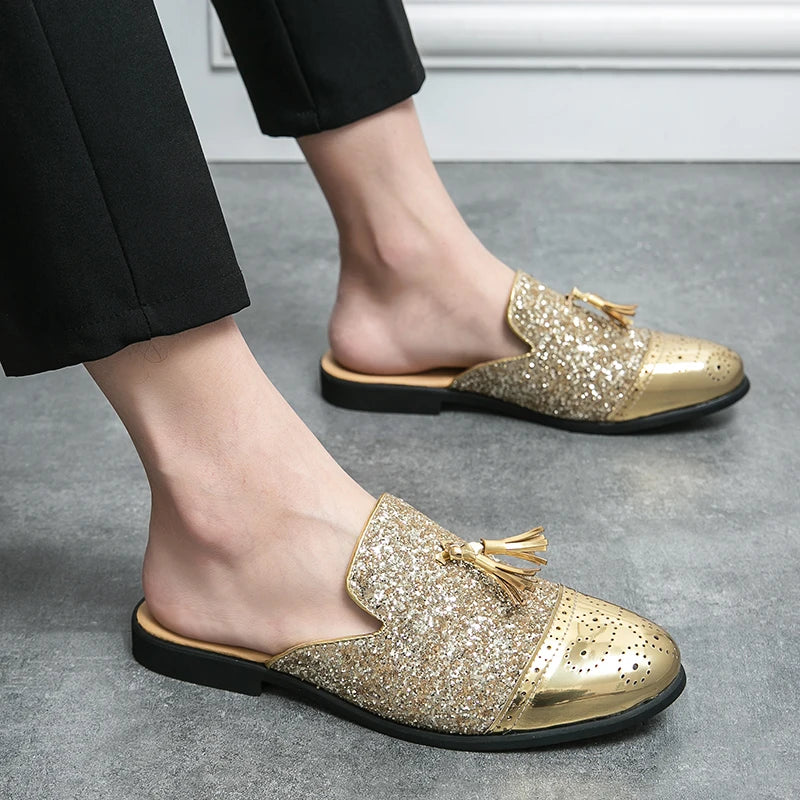 2024 New Luxury Designer Men's Casual Bling Leather Loafers Italian for Men Half Shoes Mules Male Black Slides Business Slippers