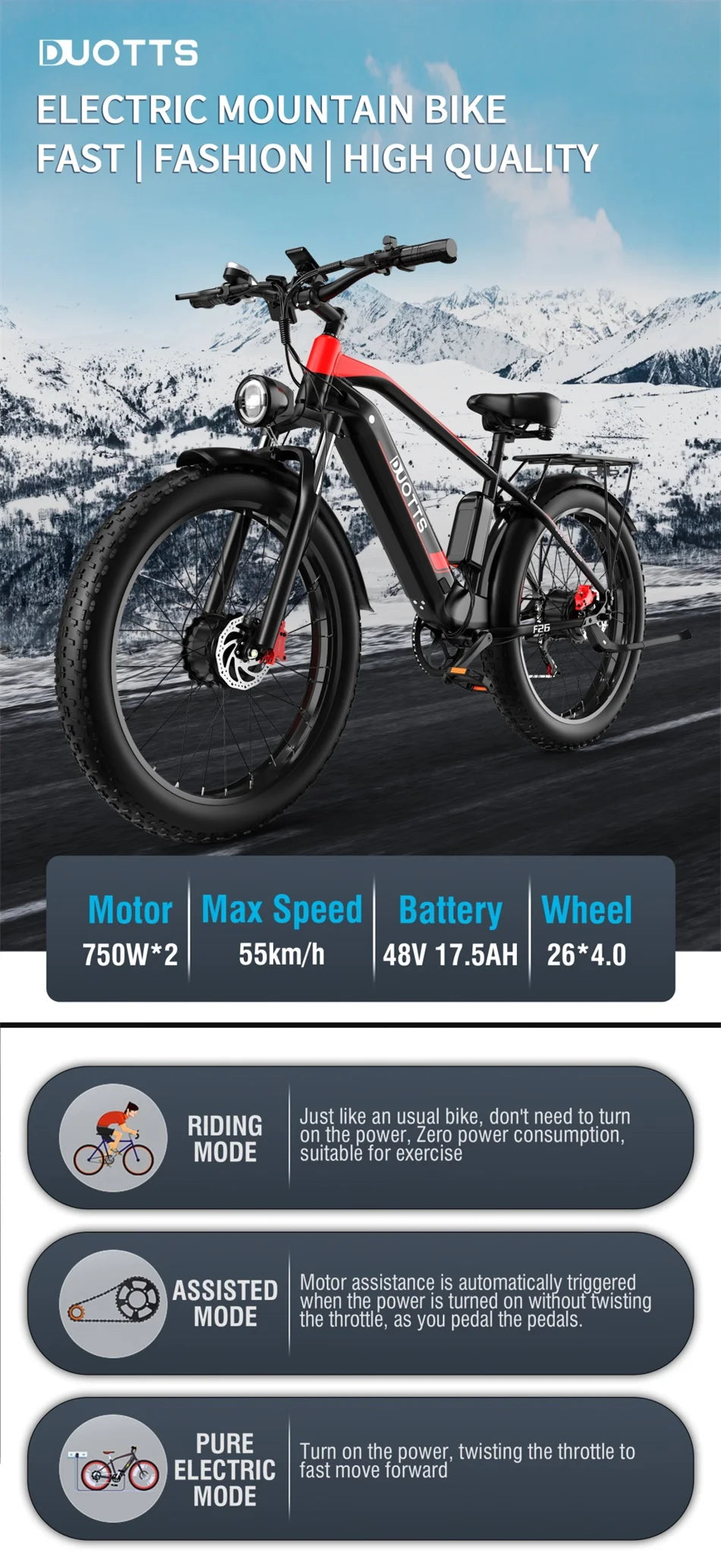 2023 Electric Bike Adult 1500W 26'' Dual Drive Mountain E Bike 48V 17.5AH Battery Removable Off Road Electric Bicycle