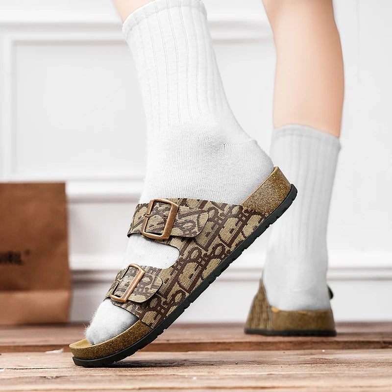 2025 Luxury Cork Slippers for Men Fashion Print Designer Slides Man Summer Mules Slippers Men Comfortable Brand Sandals Unisex