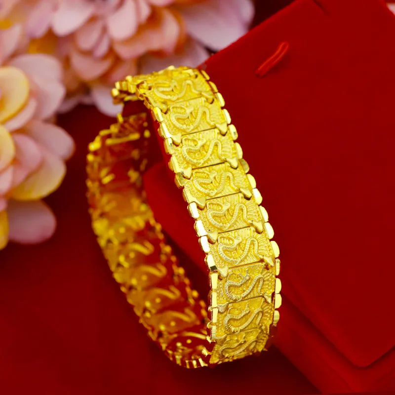 24k Yellow Gold Color Watch Bracelet for Men Dragon Pattern Male Gentleman Bracelet Hand Chain Wedding Engagement Jewelry Gifts