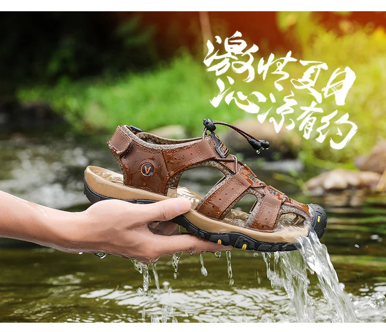 Summer Men Sandals Genuine Leather Mens Casual Shoes Outdoor Men Leather Sandals for Men Beach Shoes Roman Shoes Plus Size 38-48