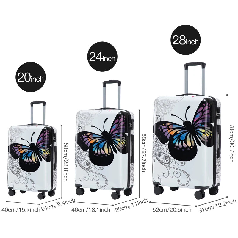 Butterfly Pattern Luggage 20 Inch Large Capacity Rolling Travel Suitcase with Password Lock for Vacation And Business Trips