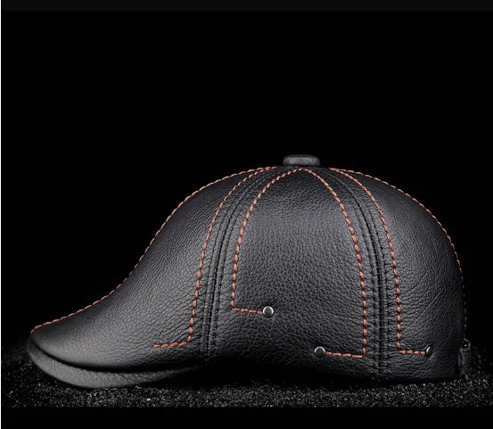 New Cowhide Genuine Leather Men Berets Cap Hat High Quality Fashion Men's Real Leather Adult Striped Black Hats