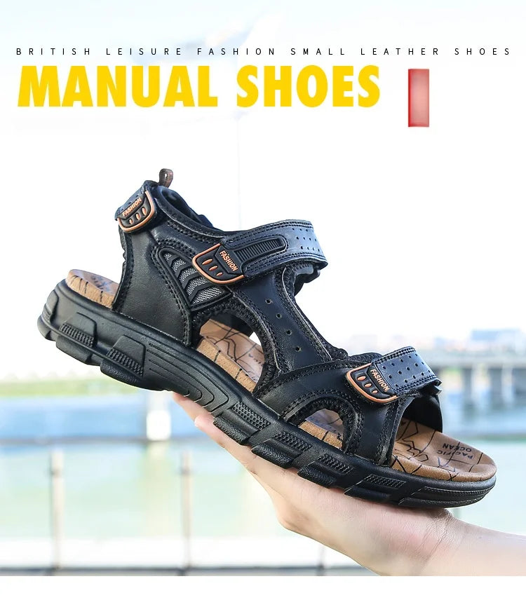 Men's shoes summer plus size shoes hollow soft bottom layer cowhide sandals casual sandals light outdoor beach shoes 38-46