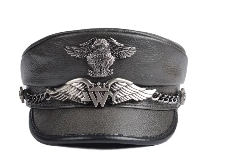 Unisex German Military Cap Man Genuine Leather Flat Top Hat Korean Fashion Eagle Mark Chain Punk Locomotive Casquette Male