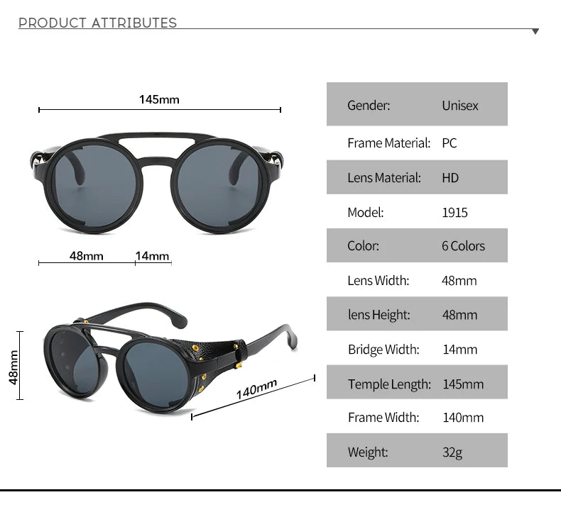 Steampunk Shields Sunglasses Men Women Classic Sun Glasses With Side Leather Round Eyewears Punk UV400 Lens