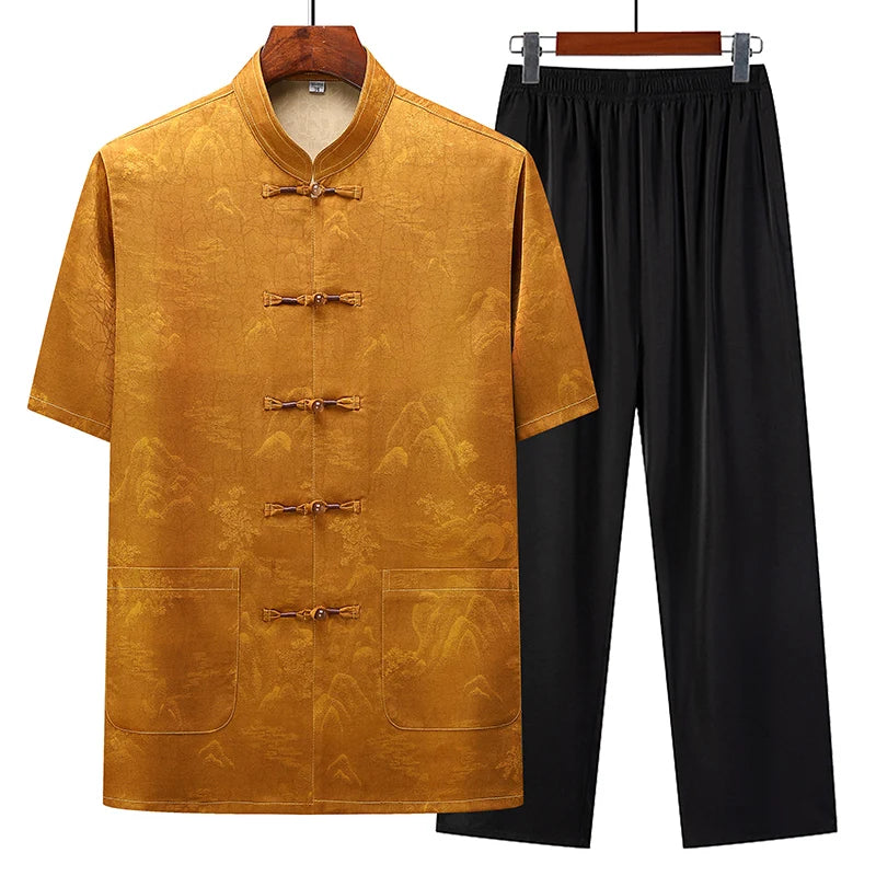 (Shirt + trousers) 2025 summer new fashion men shirt short sleeve shirts mens sets High quality shirts male Two Piece M-4XL