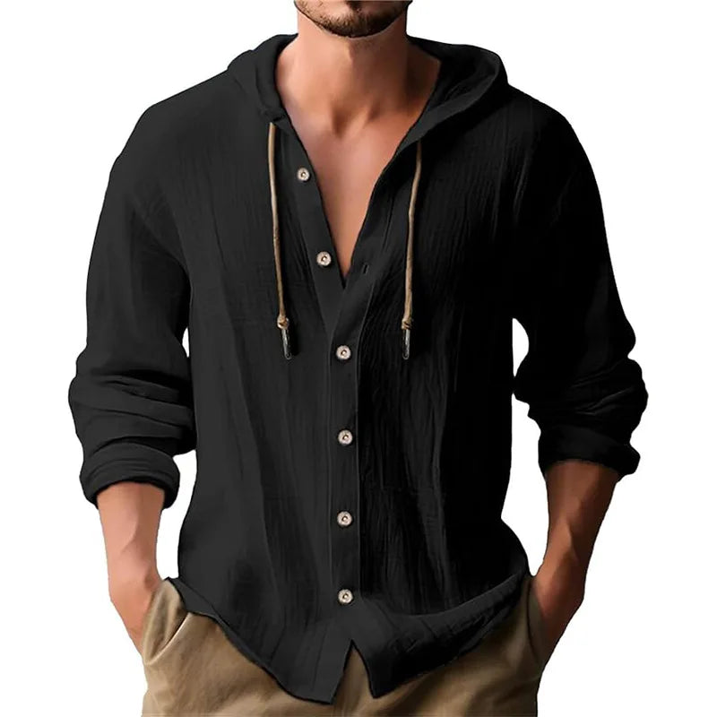 Men's Beach Casual Shirts Cotton Linen Hooded Long Sleeve Shirt Man Fashion Loose Solid Button Cardigan Streetwear Tops Clothing