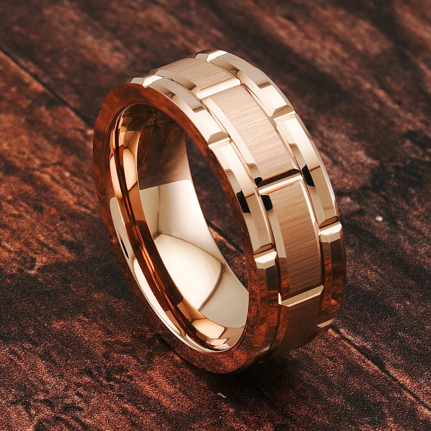 Fashion Men 8mm Rose Gold Color Stainless Steel Rings Double Groove Pattern Promise Rings For Men Wedding Jewelry Accessories