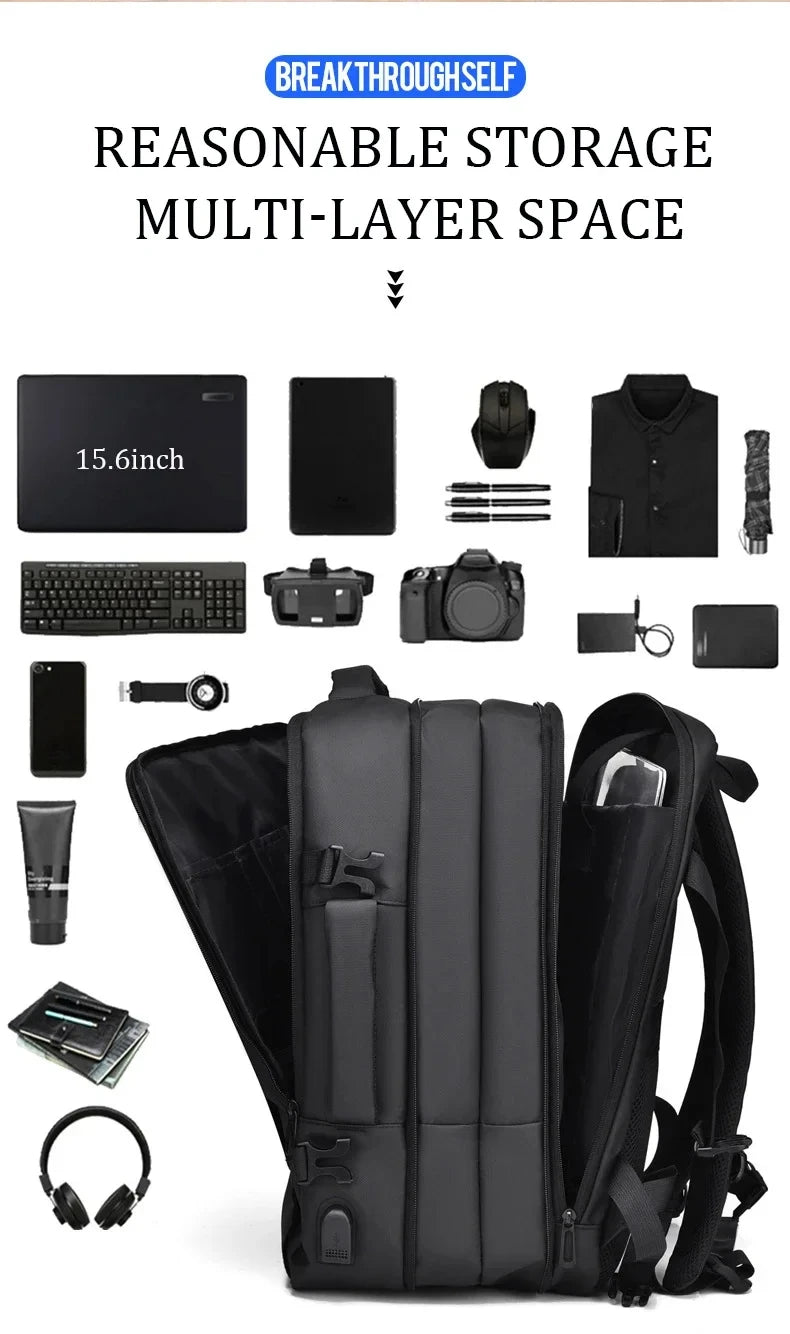 Large Capacity Men's Backpack Expandable Business Travel Bag 15.6 inch Laptop Waterproof Backpack USB Charging Camping Baggage