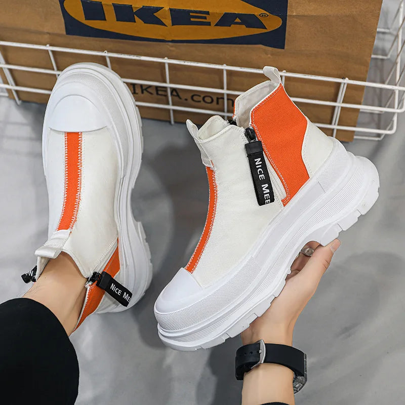 High-top Thick Soled Boots Men's Shoes for Spring Autumn Breathable Casual Chelsea Boots Men's Trend Canvass Side Zipper Sneaker