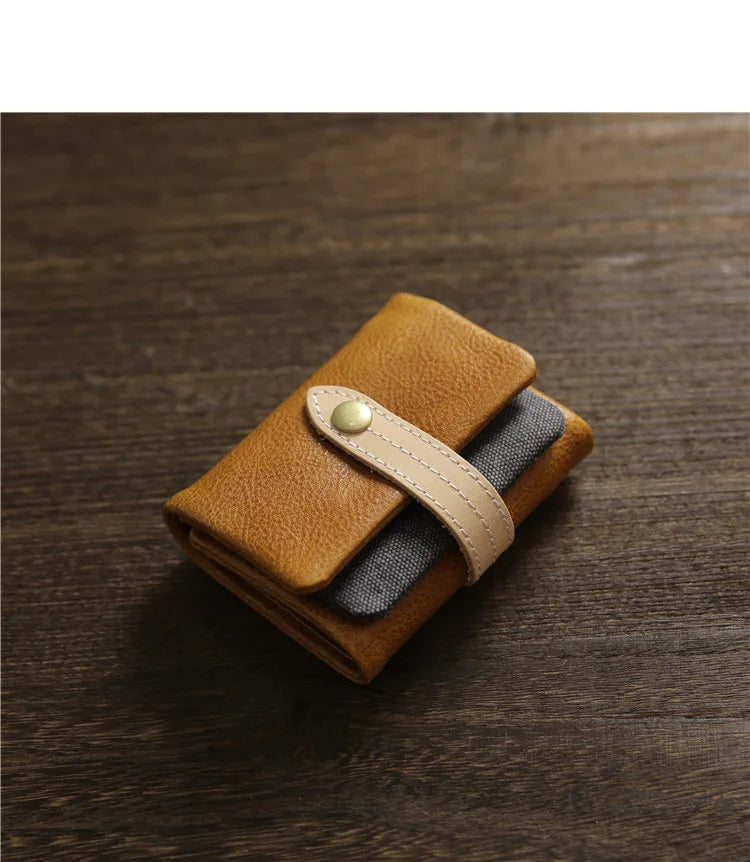 2025 Handmade Wallet Men's Short Leather Triple Fold Money Clip Cowhide Youth Buckle Student Vertical Vegetable Tanned Leather