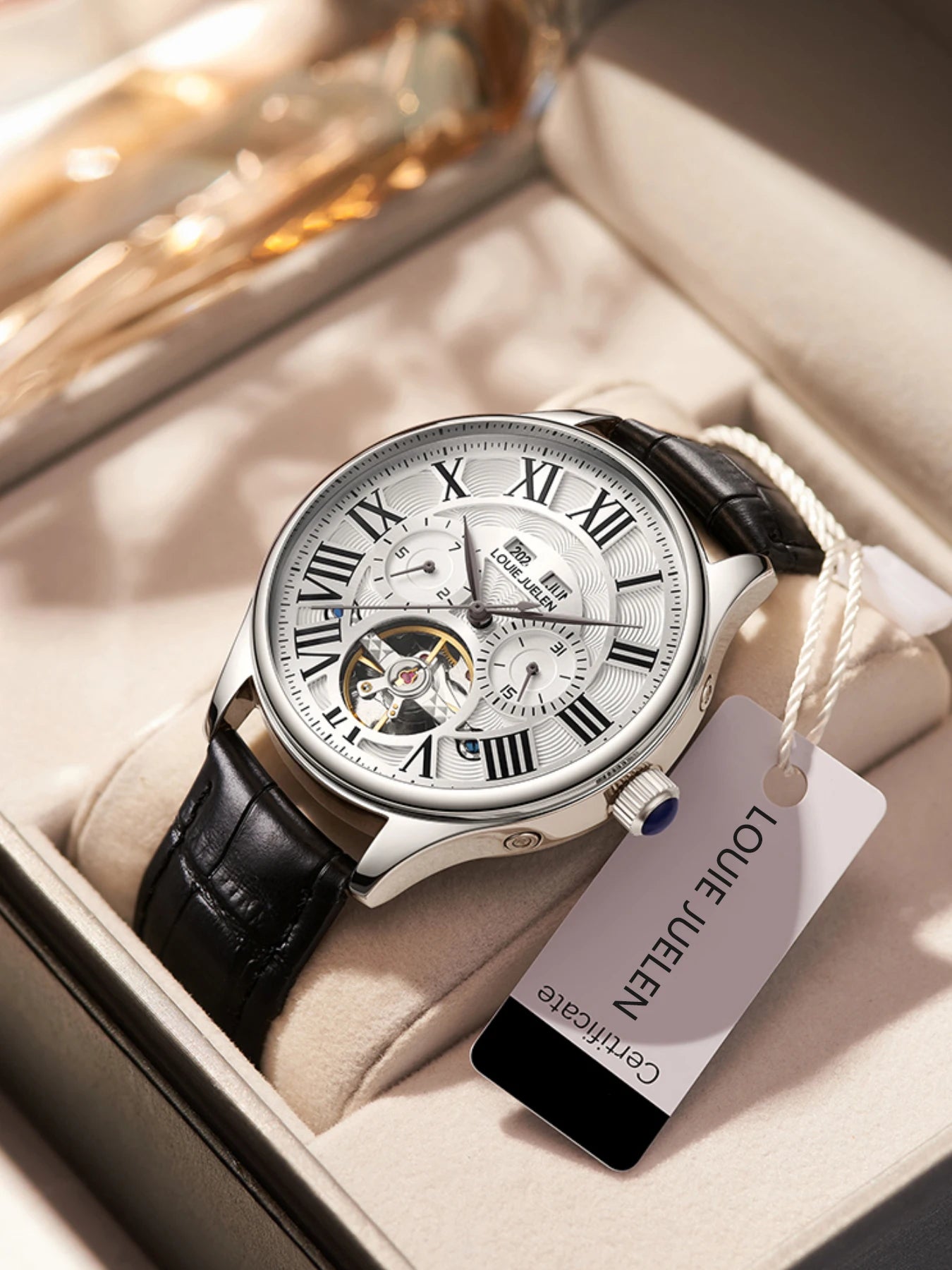 (Full Automatic Mechanical Watch) Men's Multifunctional Watch, Cut Out Perspective Small Plate, Roman Numeral Scale Dial, No Battery Required