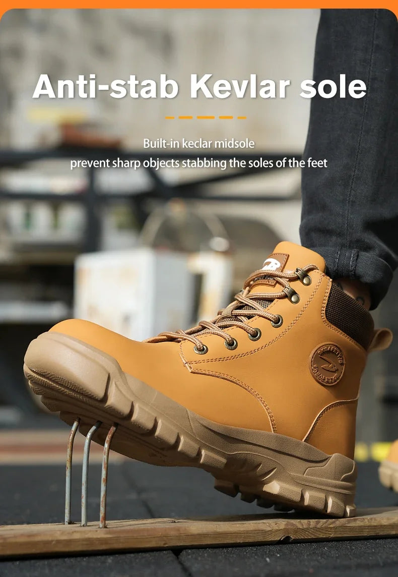 Work Safety Boots for Men, Anti-smash Steel Toe Shoes, Puncture-proof, Indestructible, Waterproof Sneakers Brown Boots