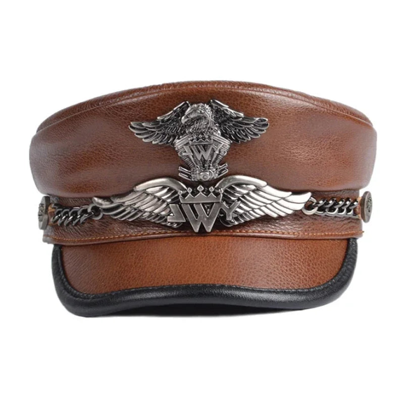Unisex German Military Cap Man Genuine Leather Flat Top Hat Korean Fashion Eagle Mark Chain Punk Locomotive Casquette Male