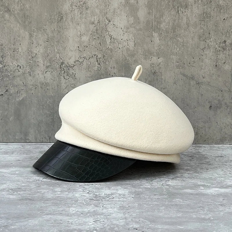 Fashion leather brim wool beret women's autumn/winter Korean style newsboy hat British knight hat duck cap Japanese system
