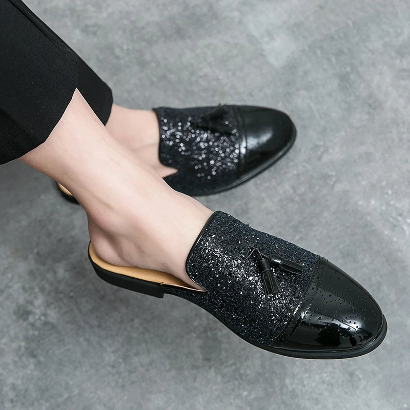 2024 New Luxury Designer Men's Casual Bling Leather Loafers Italian for Men Half Shoes Mules Male Black Slides Business Slippers