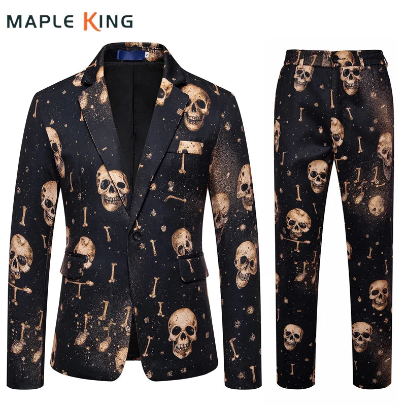 Skull Printed Mens Suit Pant Sets Trajes De Hombre Modernos Halloween Costumes Luxury Designer Nightclub Party Blazer Trousers