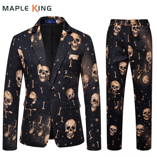 Skull Printed Mens Suit Pant Sets Trajes De Hombre Modernos Halloween Costumes Luxury Designer Nightclub Party Blazer Trousers