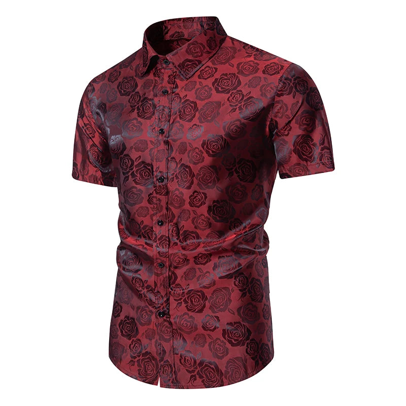 Shirt Men Fashion Gentleman Business Casual Slim Fit British Style Solid Color Button Rose Print Button Shirt Dress Shirt