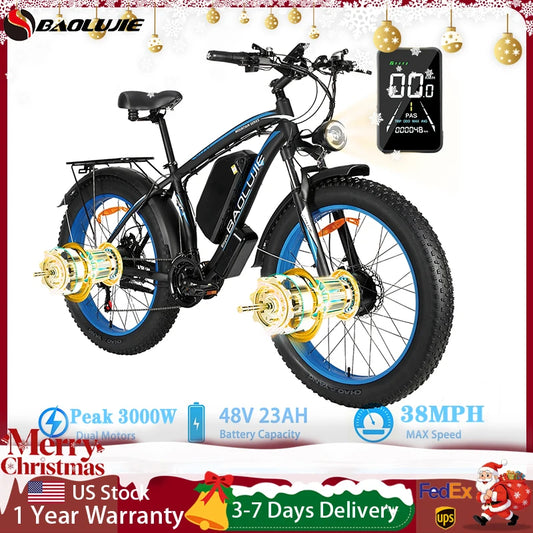 BAOLUJIE 2602 Ebikes for Adults Peak 3000W Electric Bicycle E bike 48V 23AH Dual Motor 26" Electric Bike Hydraulic Disc Brakes
