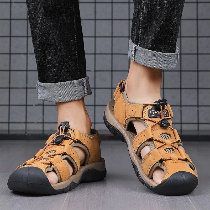 2025 Summer Men Sandals Leather Mens Casual Shoes Breathable Outdoor Sandals for Men Beach Shoes Slippers Fashion Roman Shoes