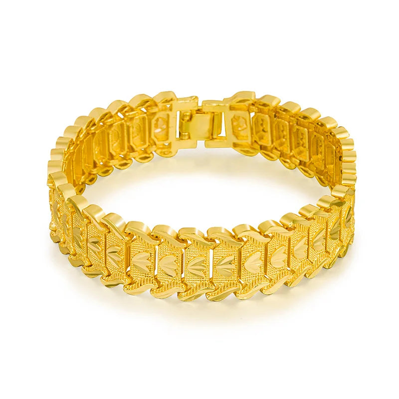 SAIYE 21cm Retro Fashion European Coin Gold Plated Jewelry 24K Gold Men Wide Bracelet Watch Chain Wholesale