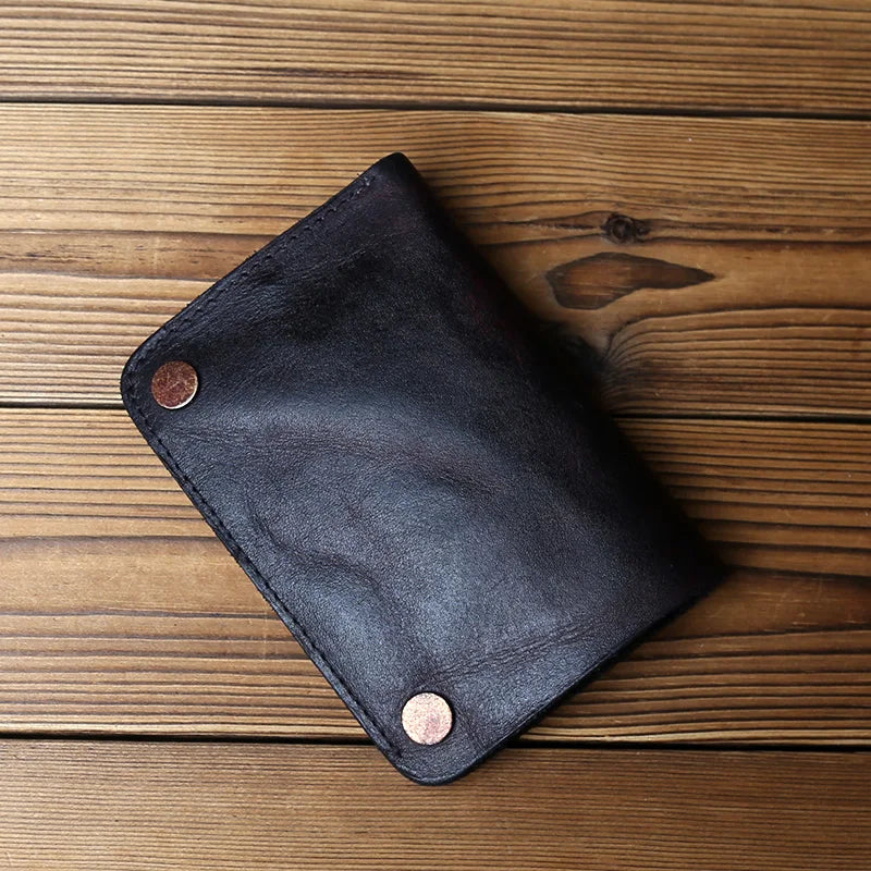 Retro Handmade Leather Wallet for Ladies Top Layer Cowhide Men's Short Wallet Wiping Color Buckle Bag Vertical Credit Card Bag
