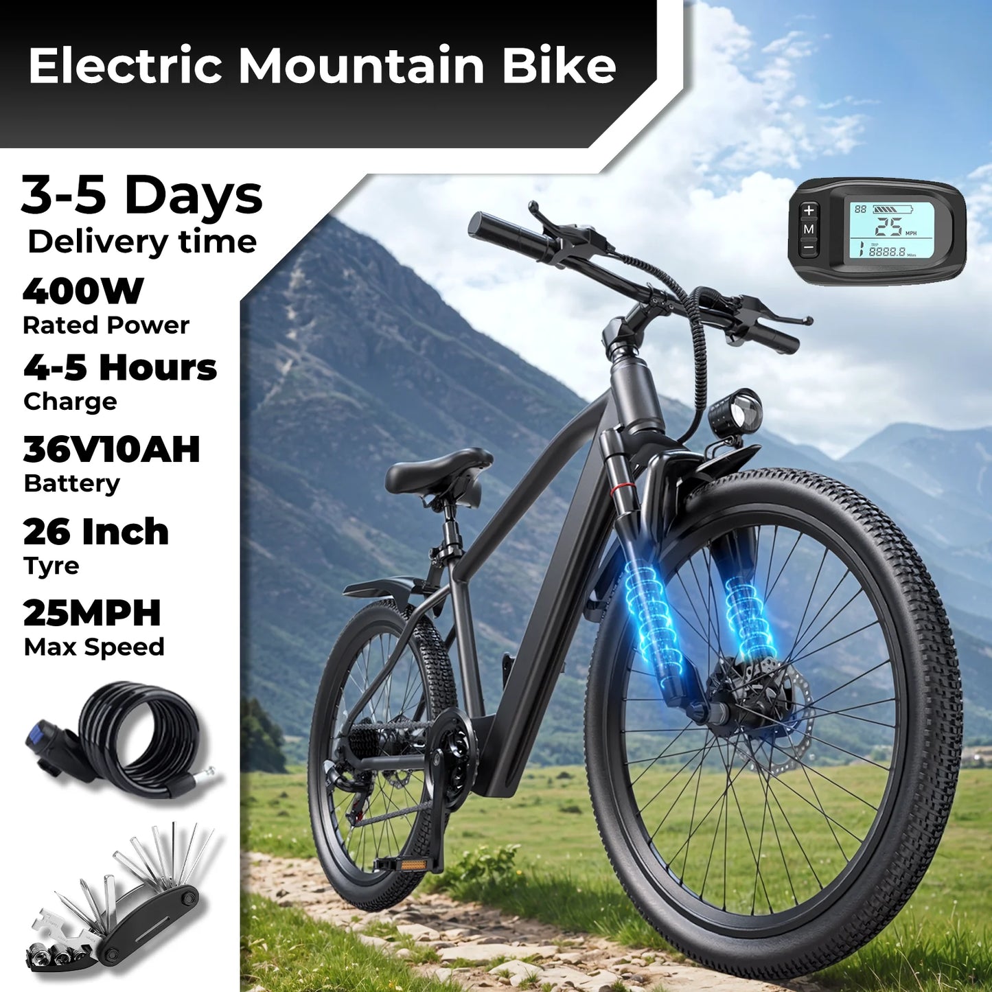 Electric Bike for Adults with Peak 500W Brushless Motor, 40Miles 25MPH Commuting Electric Mountain Bike with 360Wh Removable B