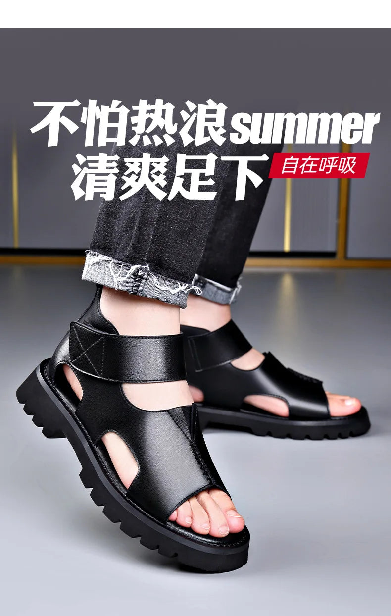 Cow Leather Sandals for Men 2025 Summer New Designer Big Size Increase Roman Beach Shoes Male Fashion Casual Black Sandals Man