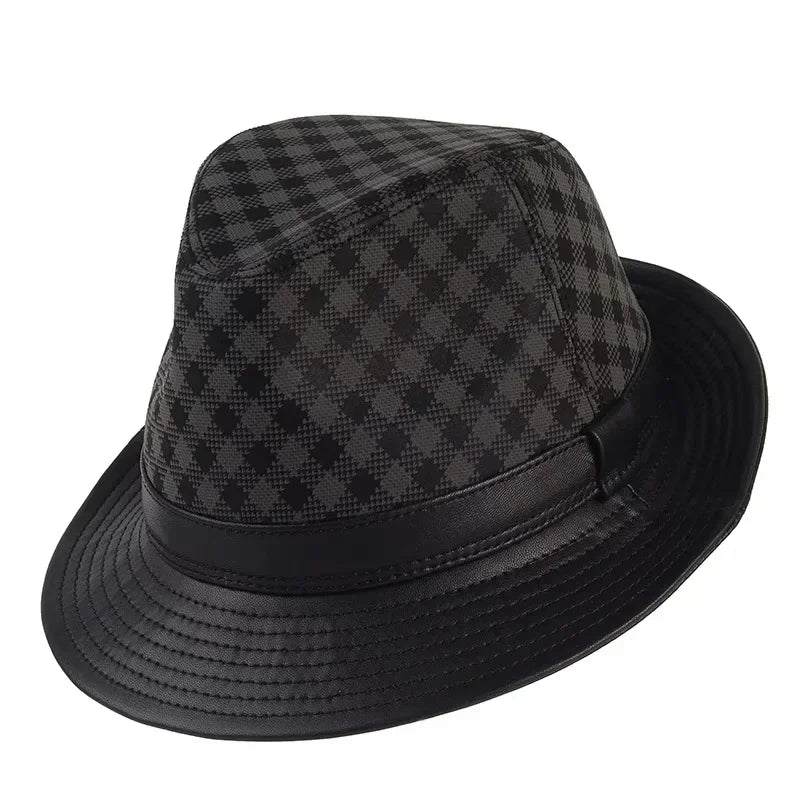 Winter Genuine Leather Suede Print Black GeometryTop Hats For Men/Women British Gentlemen Wide Brim Stetson Fedoras 55-60cm Fitt