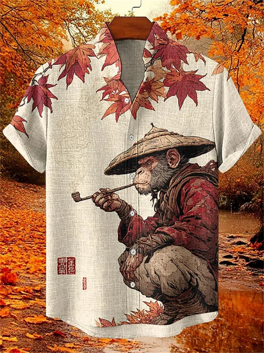 Men's short-sleeved shirt with samurai print and stylish ink painting design, summer casual men's top, trendy retro streetwear.