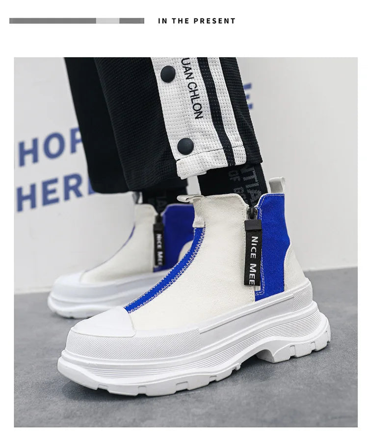 High-top Thick Soled Boots Men's Shoes for Spring Autumn Breathable Casual Chelsea Boots Men's Trend Canvass Side Zipper Sneaker