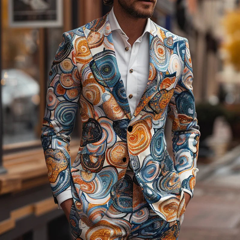 New Design Mens 2 Piece Suit Oilpainting Graffiti Print Coat Top Two Buttons Casual Nightclub Slim Fit Suit No Slit No Tie