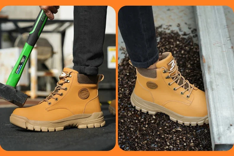 Work Safety Boots for Men, Anti-smash Steel Toe Shoes, Puncture-proof, Indestructible, Waterproof Sneakers Brown Boots