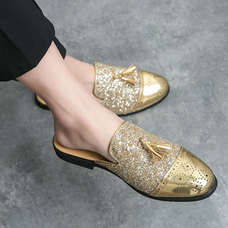 2024 New Luxury Designer Men's Casual Bling Leather Loafers Italian for Men Half Shoes Mules Male Black Slides Business Slippers