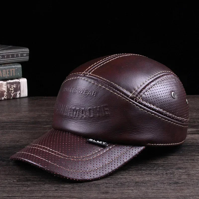 2025 Winter Man Genuine Leather Baseball Caps Male Casual Cowhide Belt Ear Warm 56-60 Adjustable Splice Flight Hats