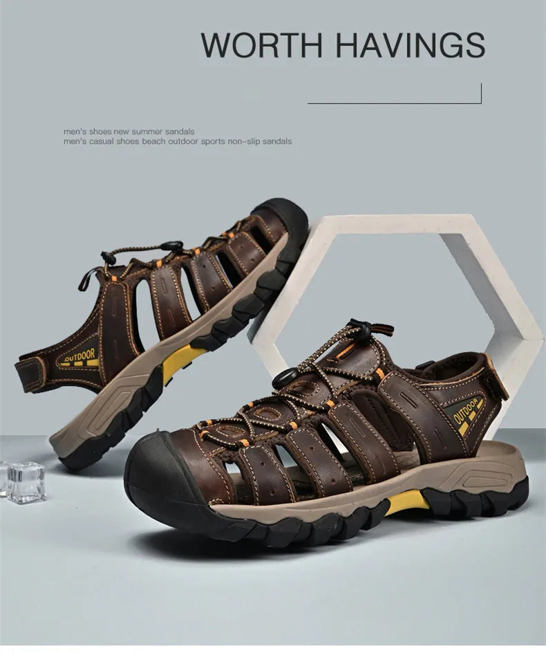 Summer Genuine Leather Men's Sandals Classic Breathable Slip-On Sandals Men Outdoor Casual Beach Sandals Sneakers Plus Size 46