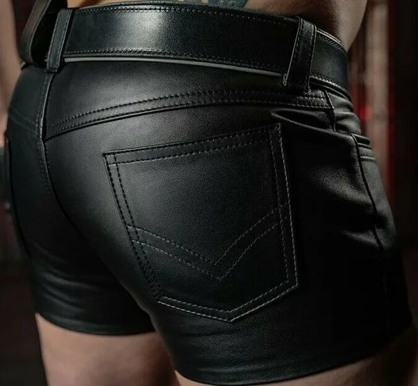 Mens  Leather Shorts  Summer Shorts(No Belt) Men's Black Shorts Black PU leather men's motorcycle shorts