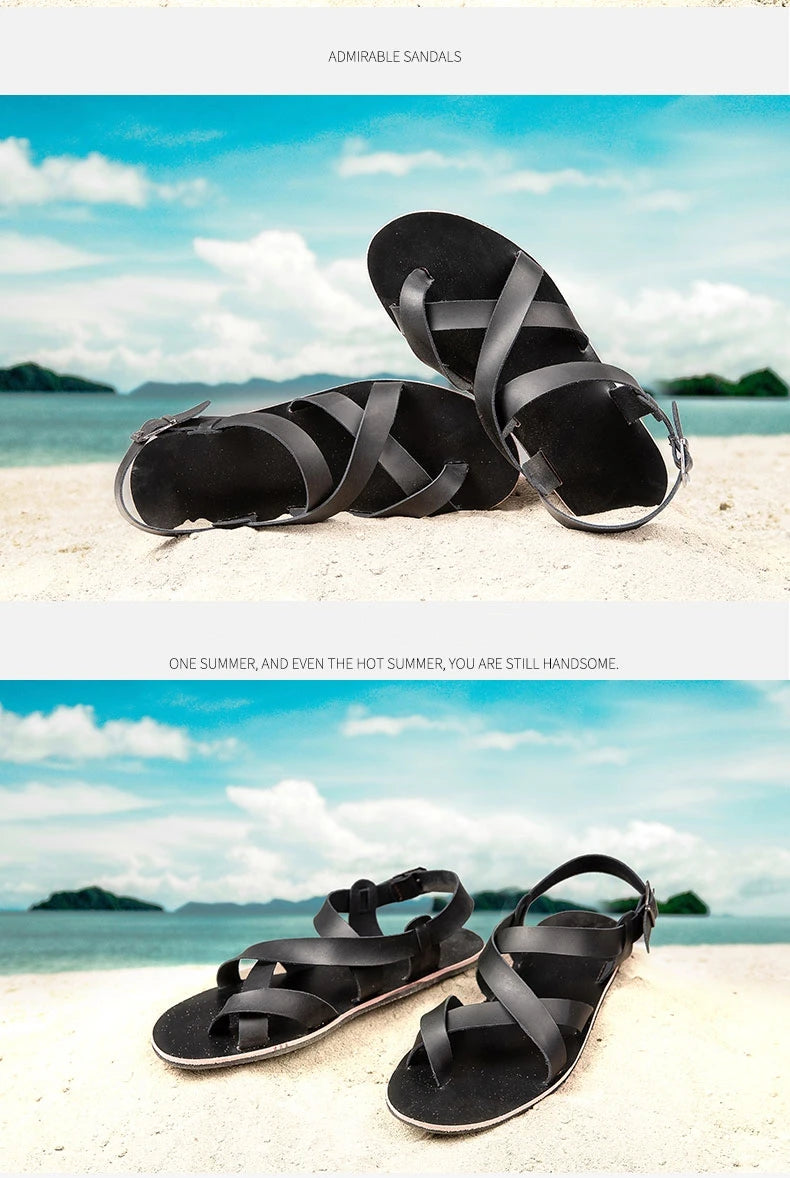 New Summer Sandals Men Open Toe Genuine Leather Sandals Hollow-out Retro Handmade Comfortable Breathable Outdoor Beach Shoes