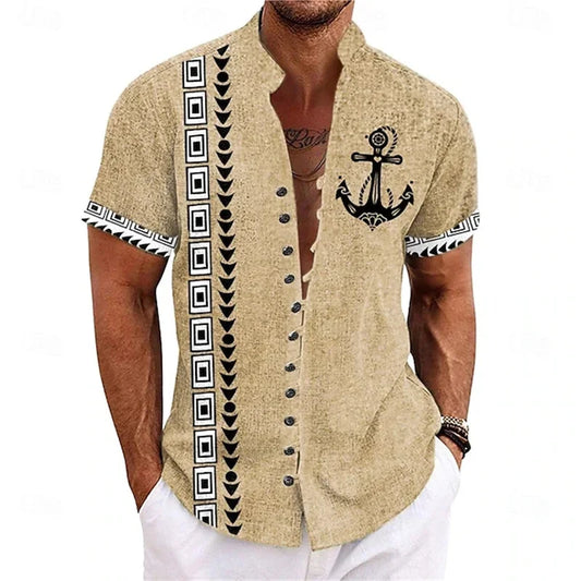 2025 Men's Button Shirts Hawaiian Shirt Casual Tribal Holiday Summer Stand Collar Short Sleeve Clothing Fashion VersatileTops