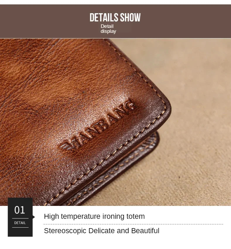 【Genuine Cow Leather / Gift Box】ManBang Luxury Men's Wallet RFID Short Trifold For Men with ID Window and Credit Card Holder