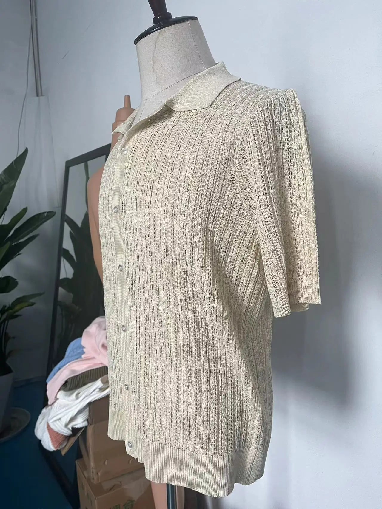 Men Knitted Shirt Short Sleeve Tee Lapel Shirt Male Summer Lapel Cardigan Breathable Single Breasted Knitted Top