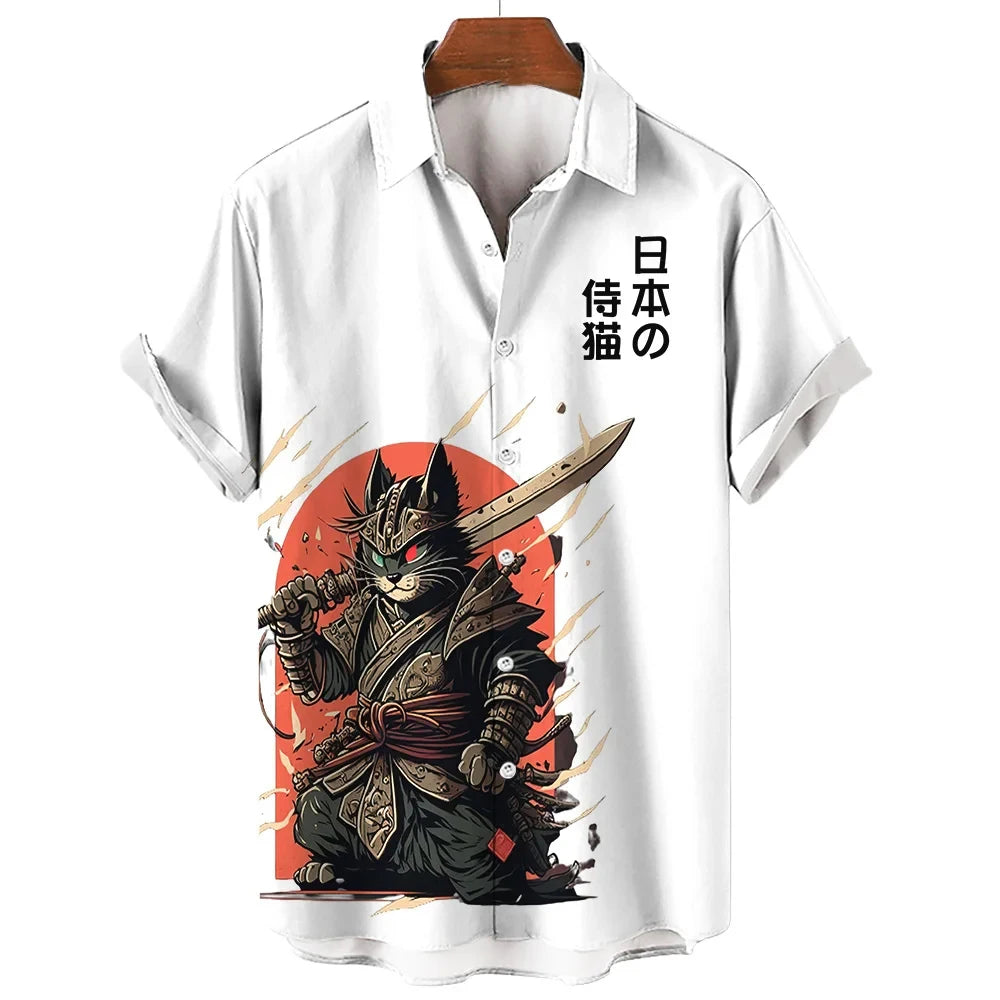 Fashion Cool Samurai Cat Graphic Shirt Japanese Style y2k Men's Streetwear Summer Casual Short Sleeve Buttons Hawaiian Shirts