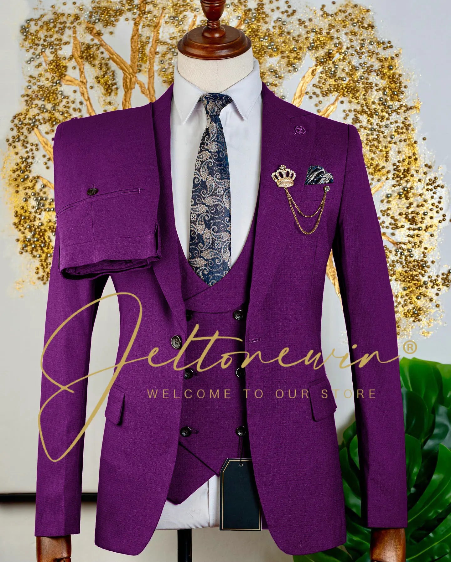 Men's Brown Three Piece Suit with Vest and Trousers Slim Fit Formal Wear for Wedding Groomsmen Party Business Occasion