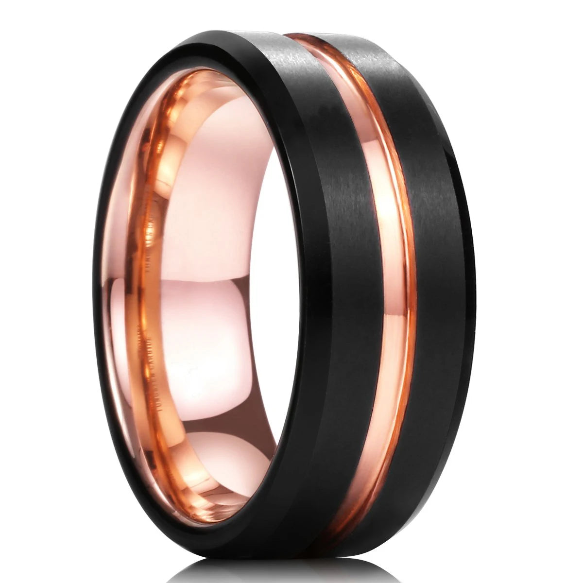 Fashion Men 8mm Rose Gold Color Stainless Steel Rings Double Groove Pattern Promise Rings For Men Wedding Jewelry Accessories