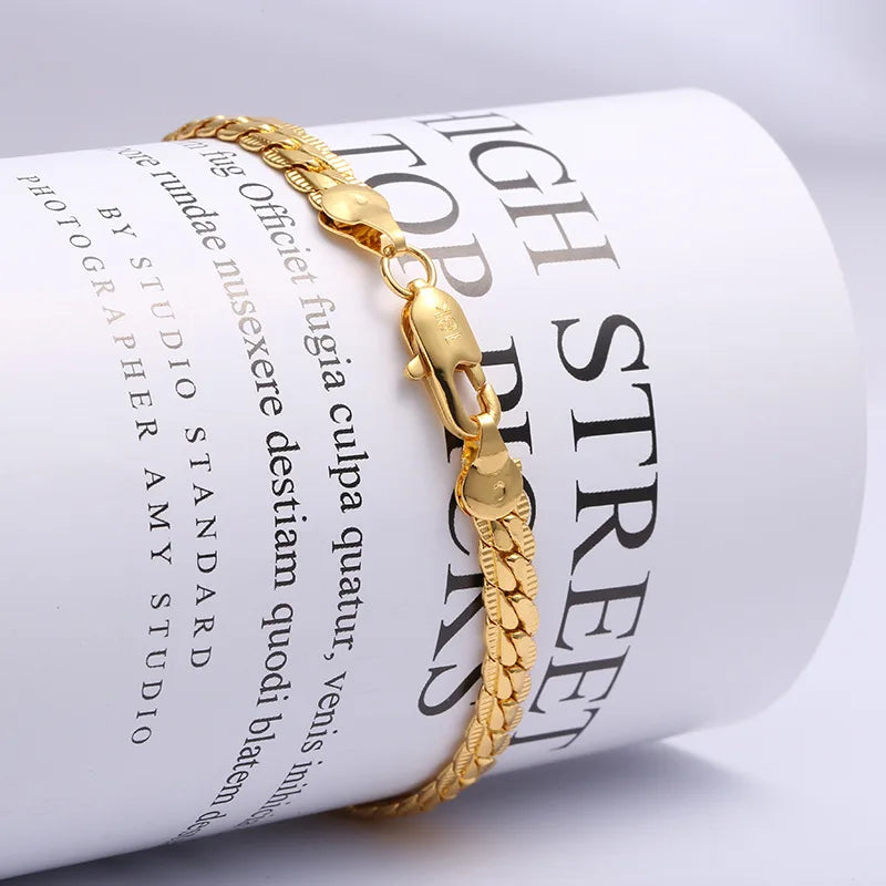 18K Gold 925 Sterling Silver Bracelets For Men Women Simple 5mm 20cm Flat Side Chain Bracelet Unisex Charm Jewelry Gifts