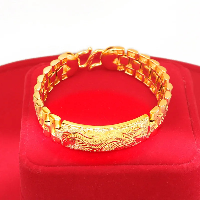 Real 18K Gold Color Dragon Flower Bracelet for Women Men Chain Pure Golden Plated Bracelet Bangle Fine Jewelry Gifts