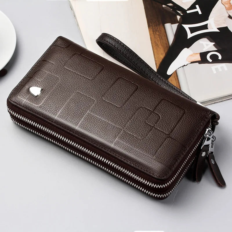 Men's Leather Long Wallet Double Zipper Clutch Purse with Wrist Strap Geometric Pattern Card Holder Organizer for Business