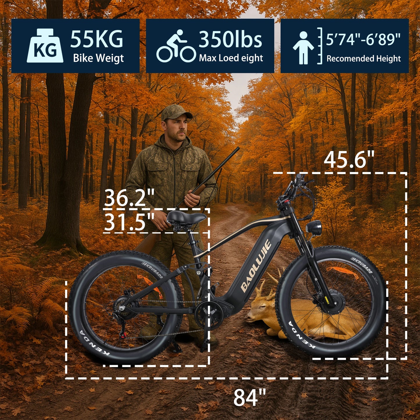 BAOLUJIE 1200W/5000W Ebike Mountain Ebike Fat Tire 48V/52V Battery Electric Bicycle Max 38MPH Electric Bike for Adults Off-road